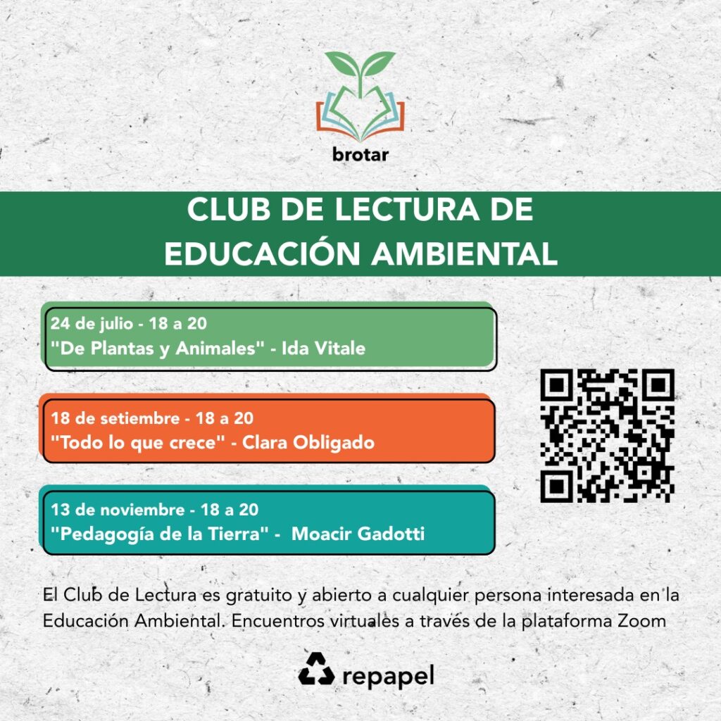 Desde Repapel te invitamos a participar de Brotar: Club de Lectura de Educación Ambiental 🙌 Este club nace del deseo y la necesidad de promover lecturas que nos acerquen a la Educación Ambiental desde múltiples miradas, y de generar espacios de encuentro y reflexión colectiva para construir, en comunidad, el ambiente que queremos. 📲 Inscribíte a través del código QR en la imagen o ingresando en: 🔗 https://bit.ly/brotar_club_lectura 🍃¡Esperamos contar con tu participación!